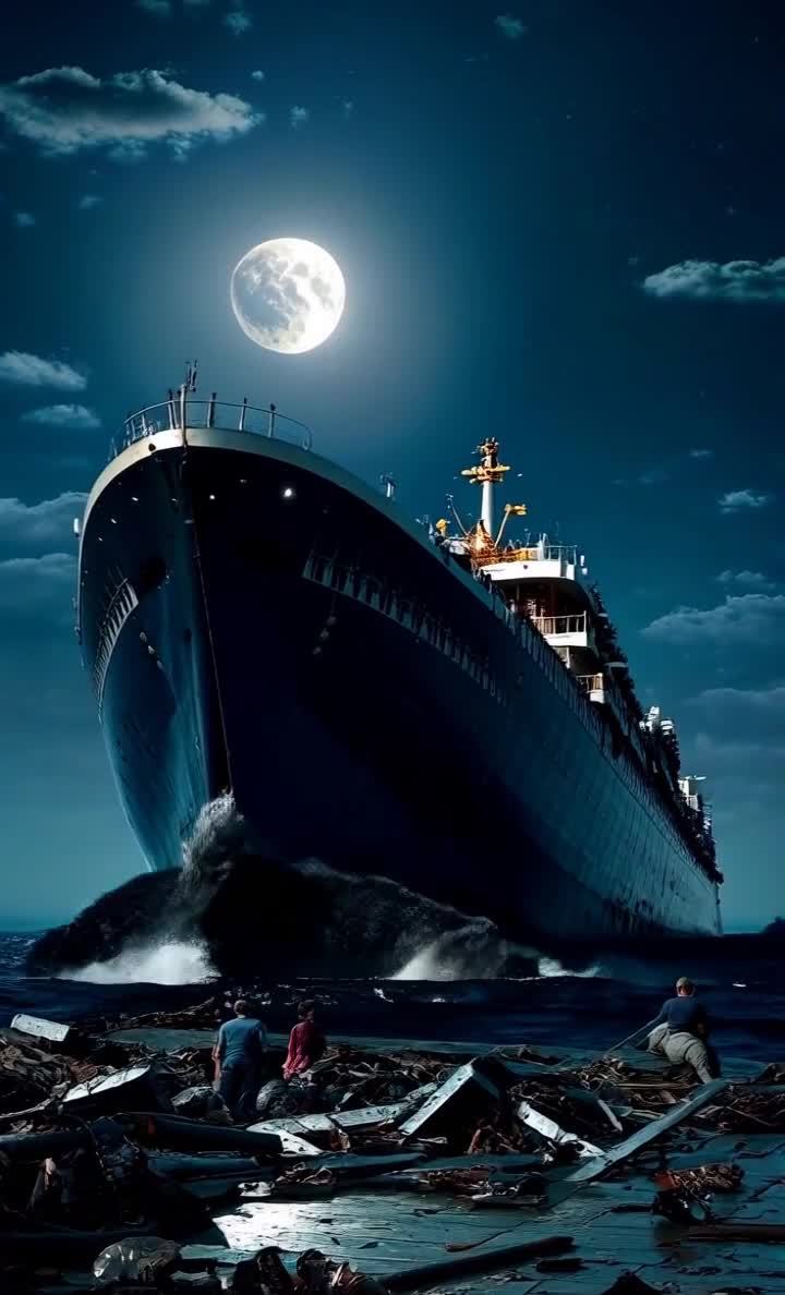 巨轮下的残骸与月夜，灾难后的孤寂与希望。