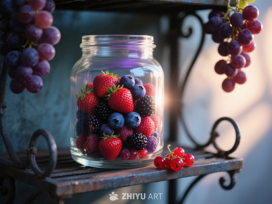 玻璃罐中的新鲜浆果与葡萄 34