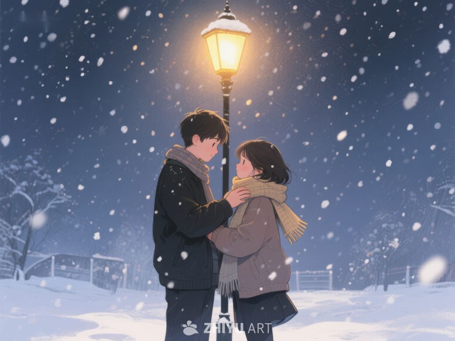 雪夜灯下情侣温馨相拥 899
