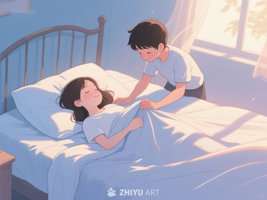 男孩轻柔为女孩盖被，温馨卧室场景 499