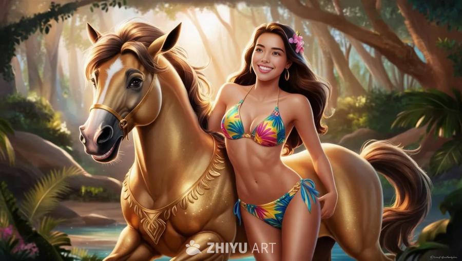 金色鬃毛的半人马抱着一位穿着彩色比基尼的年轻女子。