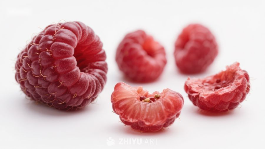 新鲜覆盆子与切开的果实特写