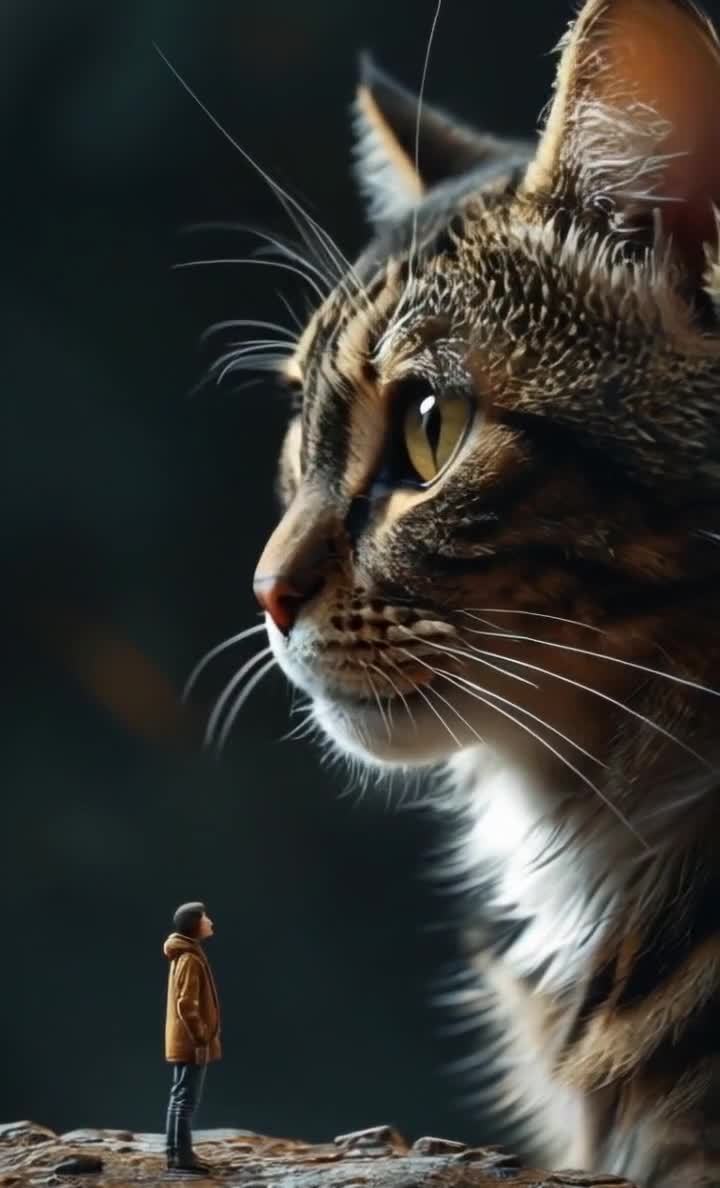 一只巨大的猫头从侧面俯视着，猫的毛发细节清晰可见，