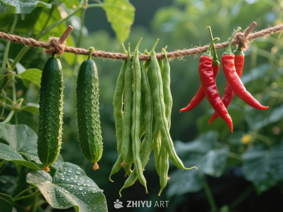 悬挂的黄瓜、豆角与辣椒 789