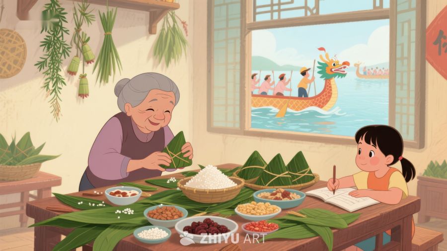 祖孙共度端午，包粽观赛龙舟 548