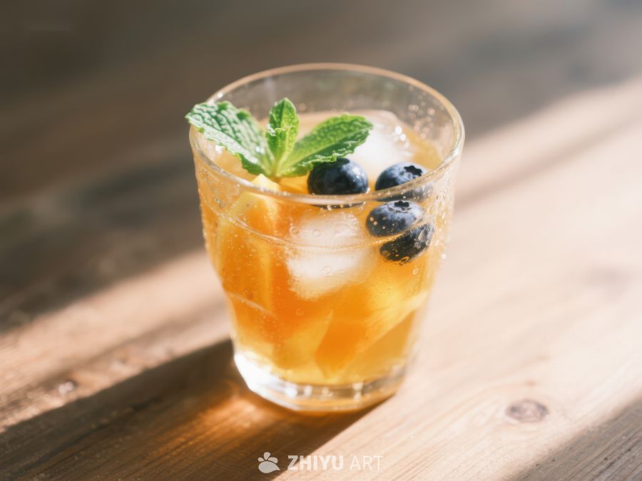 冰爽水果茶，点缀蓝莓与薄荷
