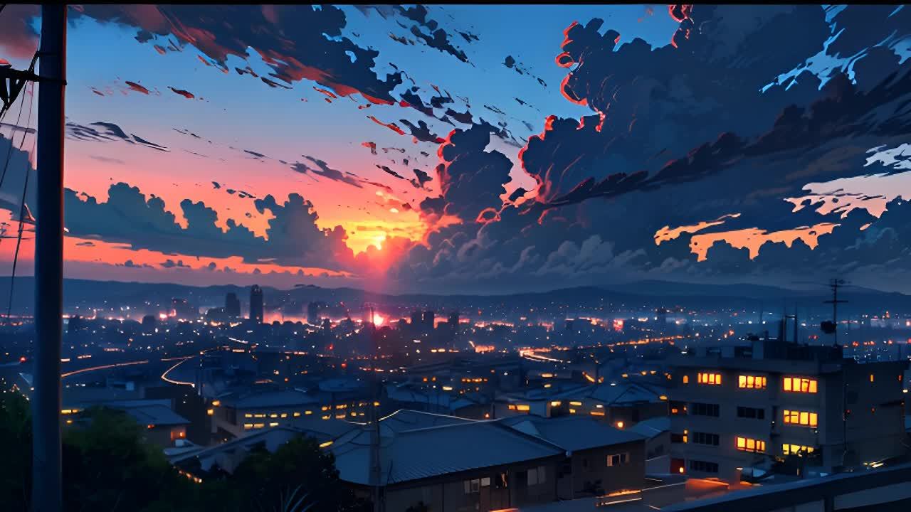 天空中有深蓝、粉色和橙色的云，夕阳正在落下，照亮云