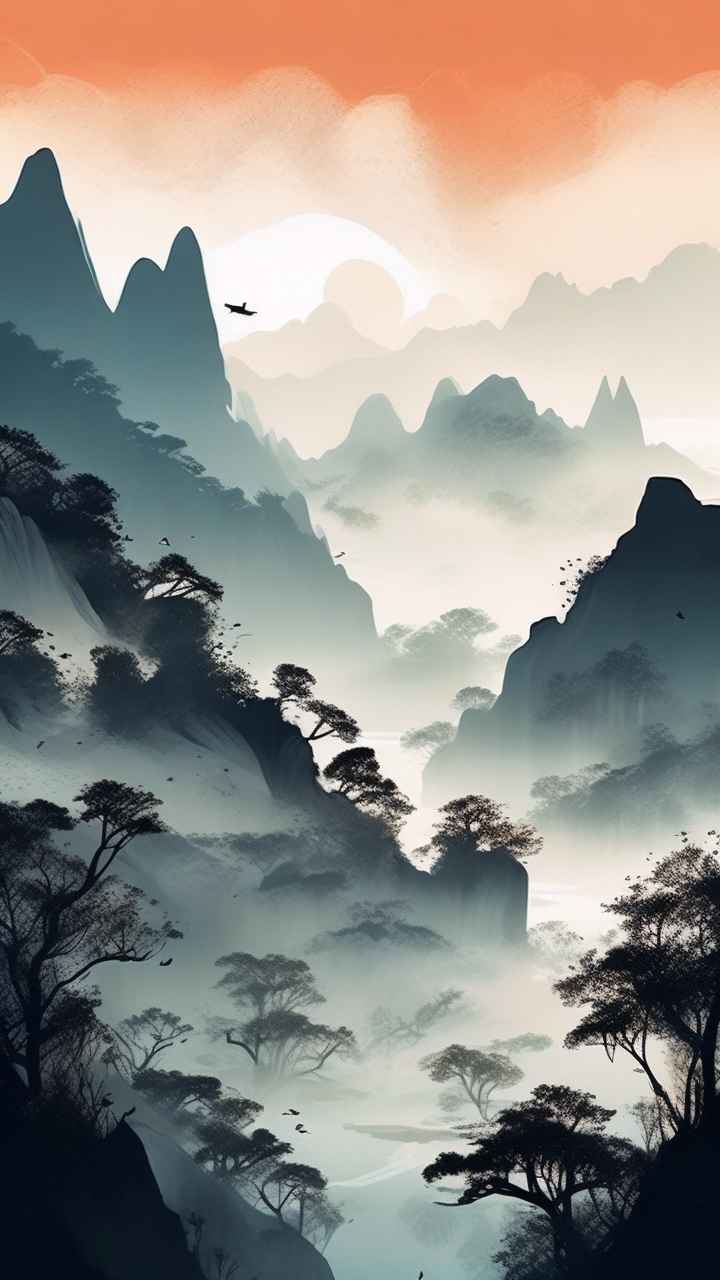 国风水彩画山水风景插画 7