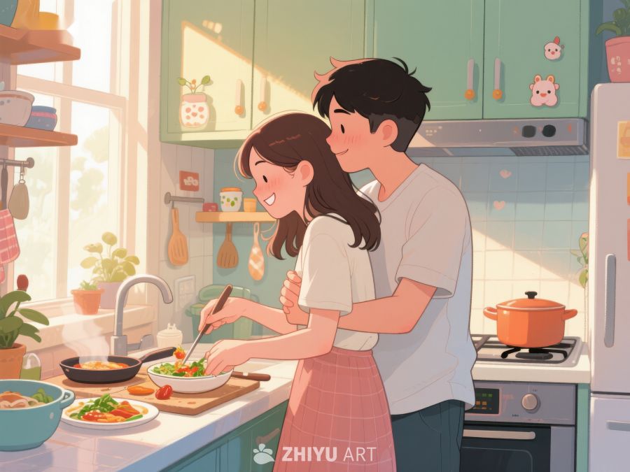 温馨厨房，情侣共烹美食 716