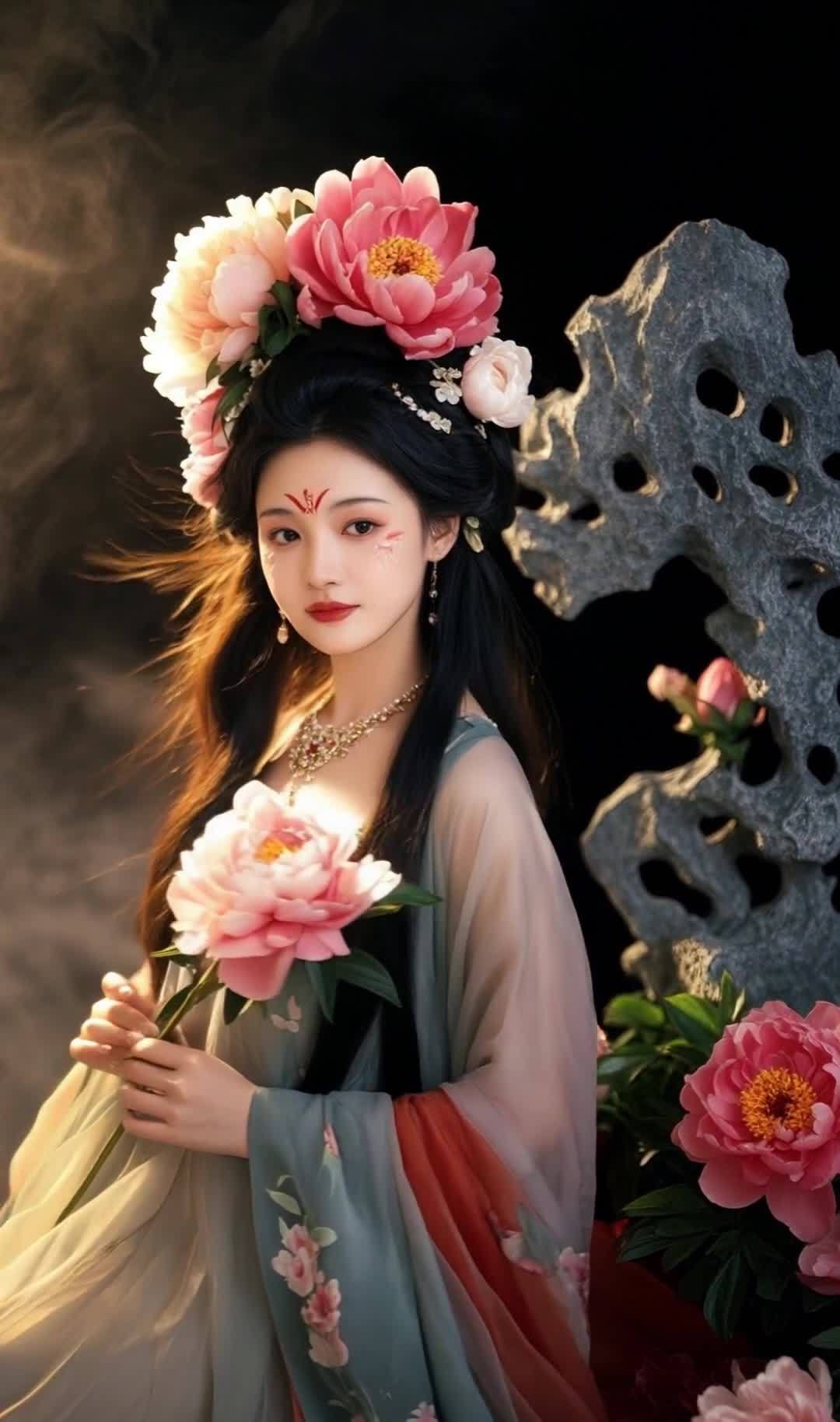 古典美人手持牡丹，妆容精致，气质优雅