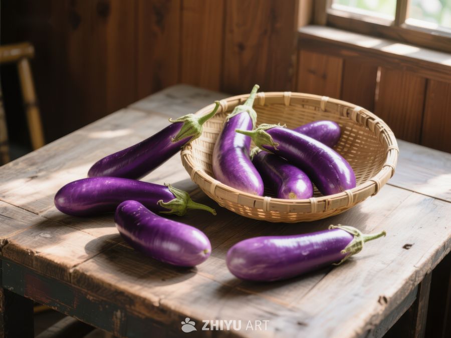 紫茄子置于竹篮与木桌之上 386
