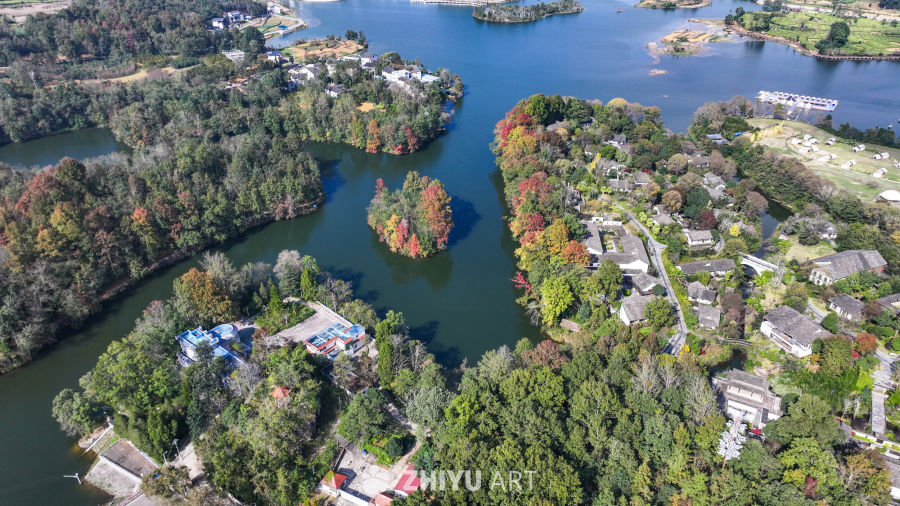 航拍水边枫叶美景  初冬枫叶似火 14
