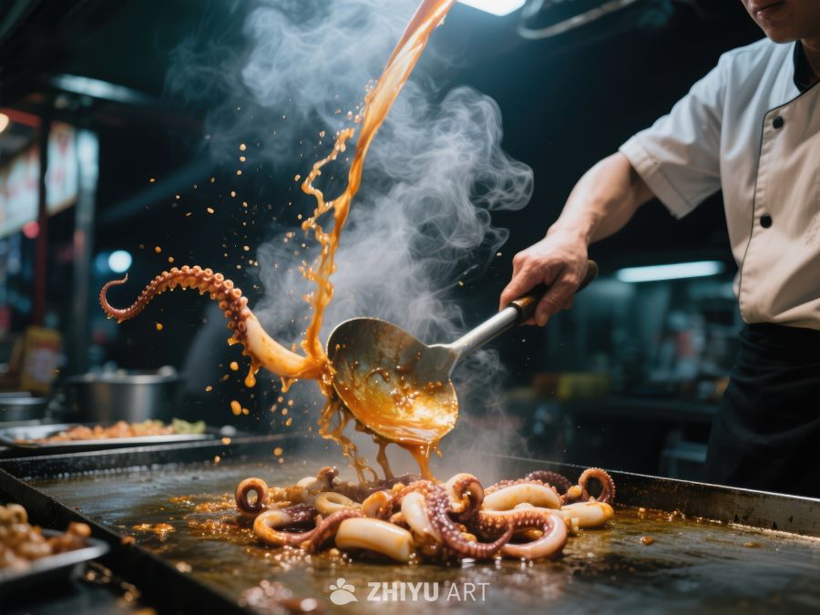 街头美食：铁板烧鱿鱼的美味瞬间