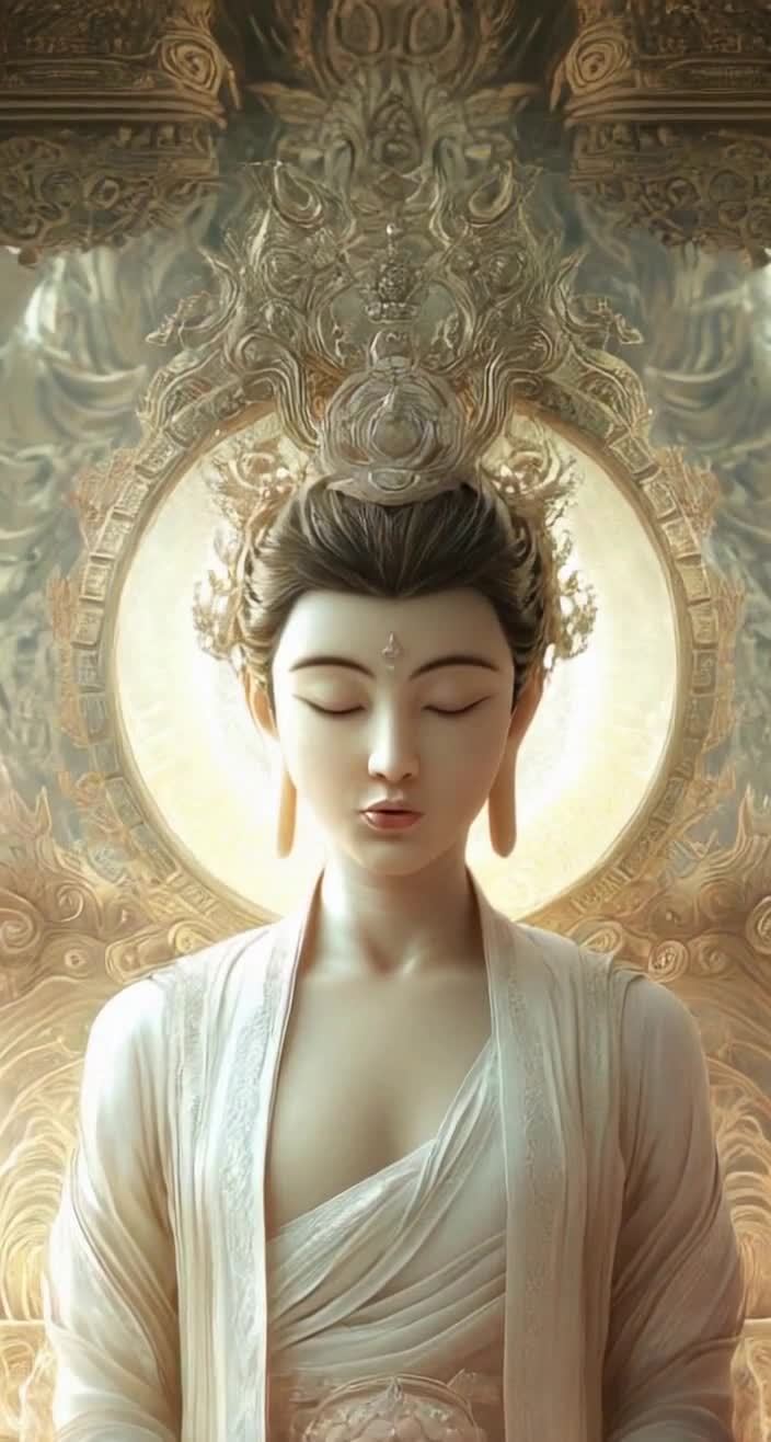一位女子闭着眼睛，面带微笑，头戴华丽的头饰，身穿白