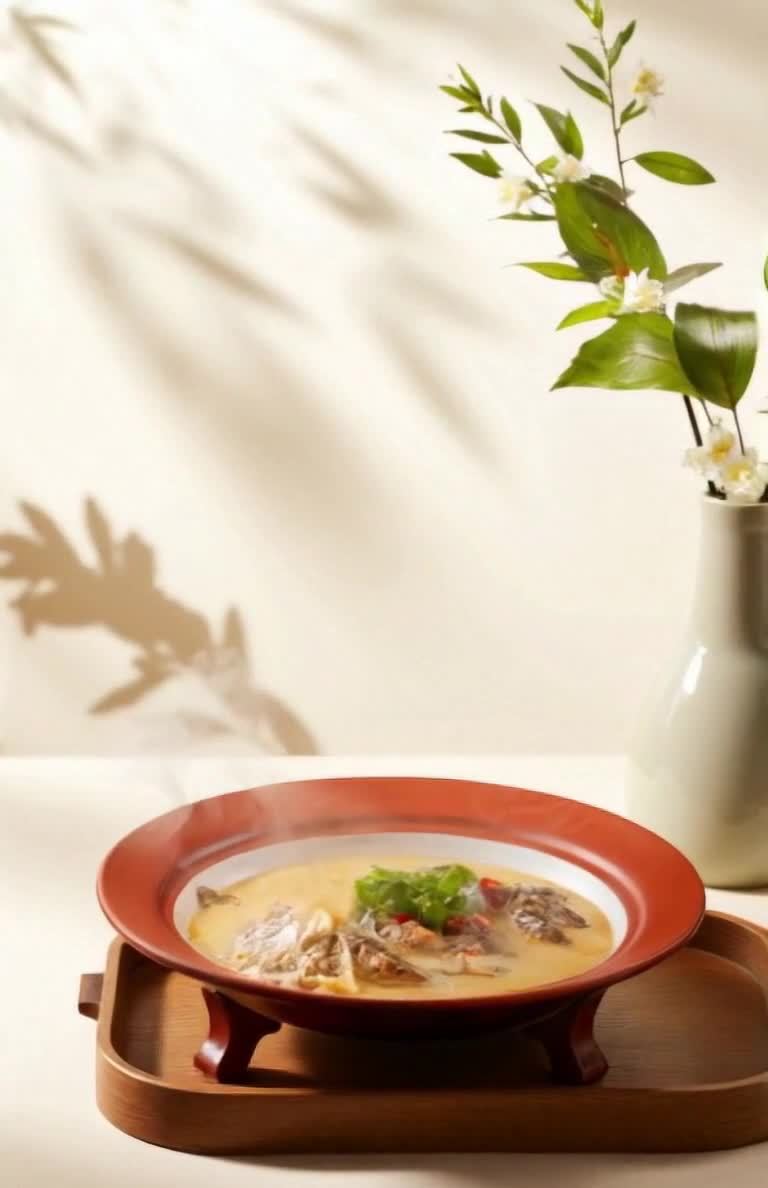 肉蔬汤品静物：红碗木托盘、花瓶绿植与米色光影