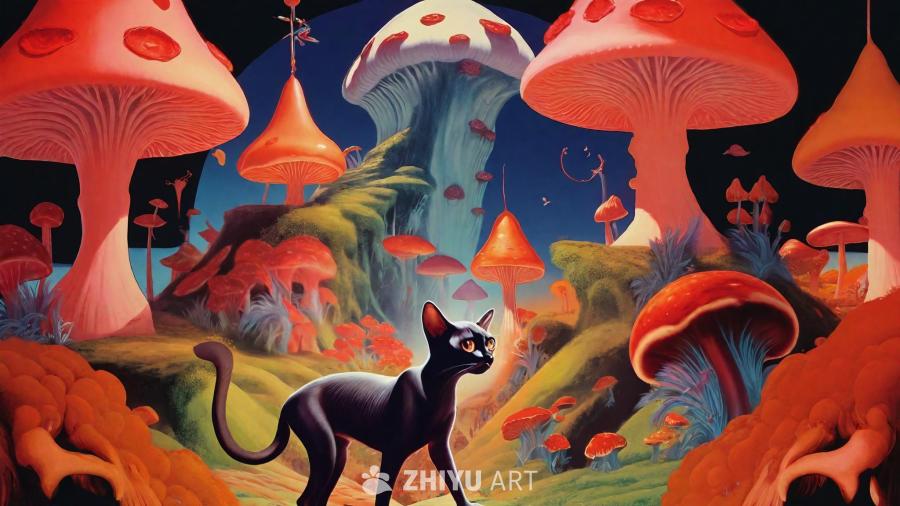 一个梦幻般的超现实场景，其中有许多暹罗猫与巨大的蘑