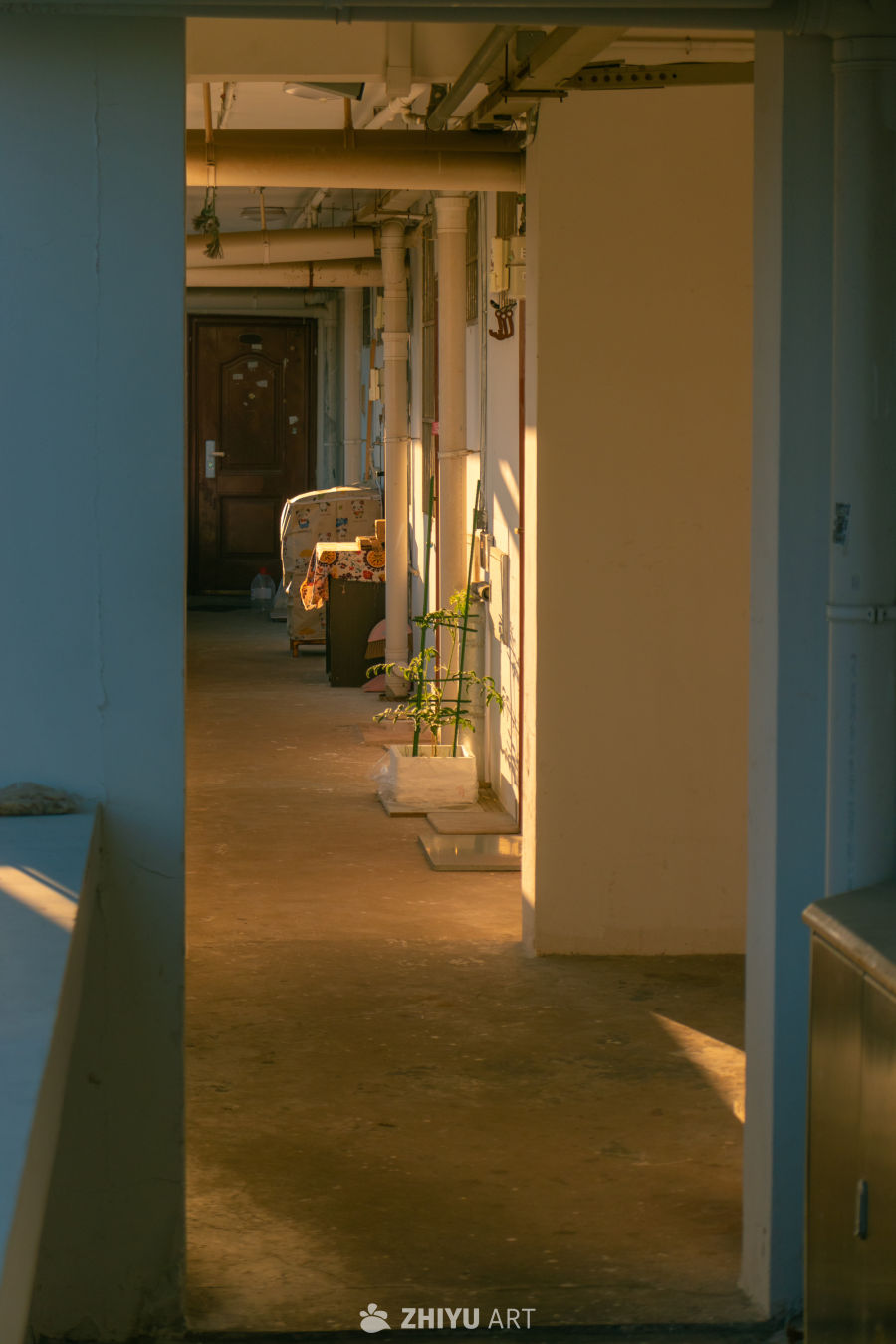 阳光洒落的走廊