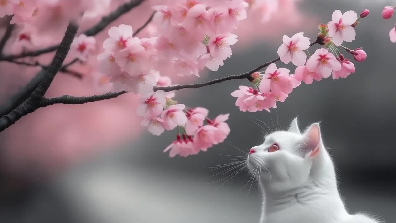 一棵树的树枝上开满了粉色的花朵，树下有一只白色的猫