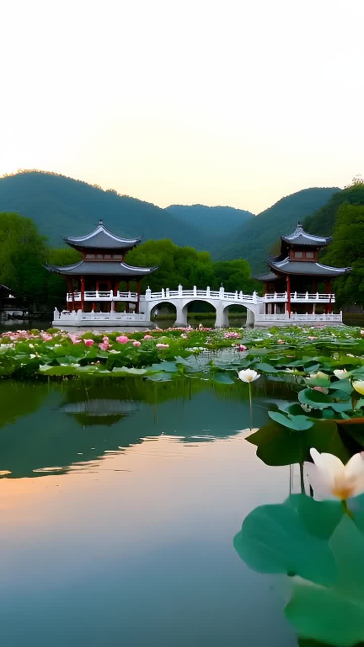 西湖位于杭州，湖水平静，周围环绕着树木覆盖的山丘。