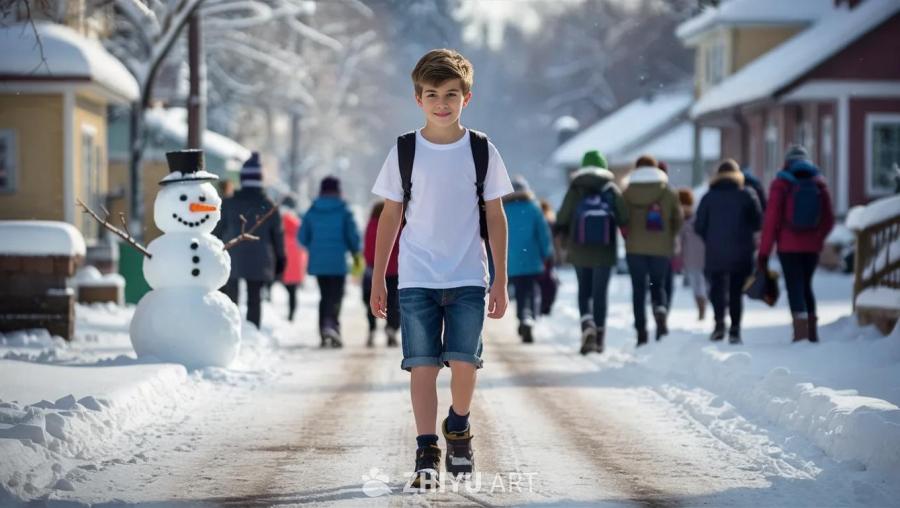 冬季小镇，地面覆盖着积雪。一个大约十二岁的男孩，身