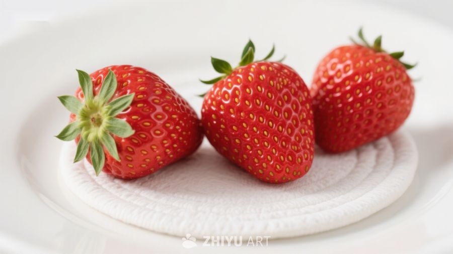 三颗新鲜草莓置于白色盘中
