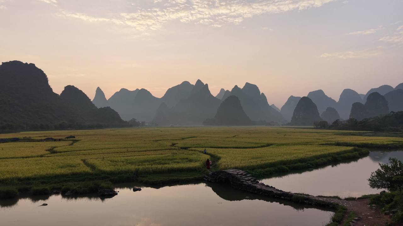 日出乡间小桥田园稻穗朦胧晨雾温暖晨光