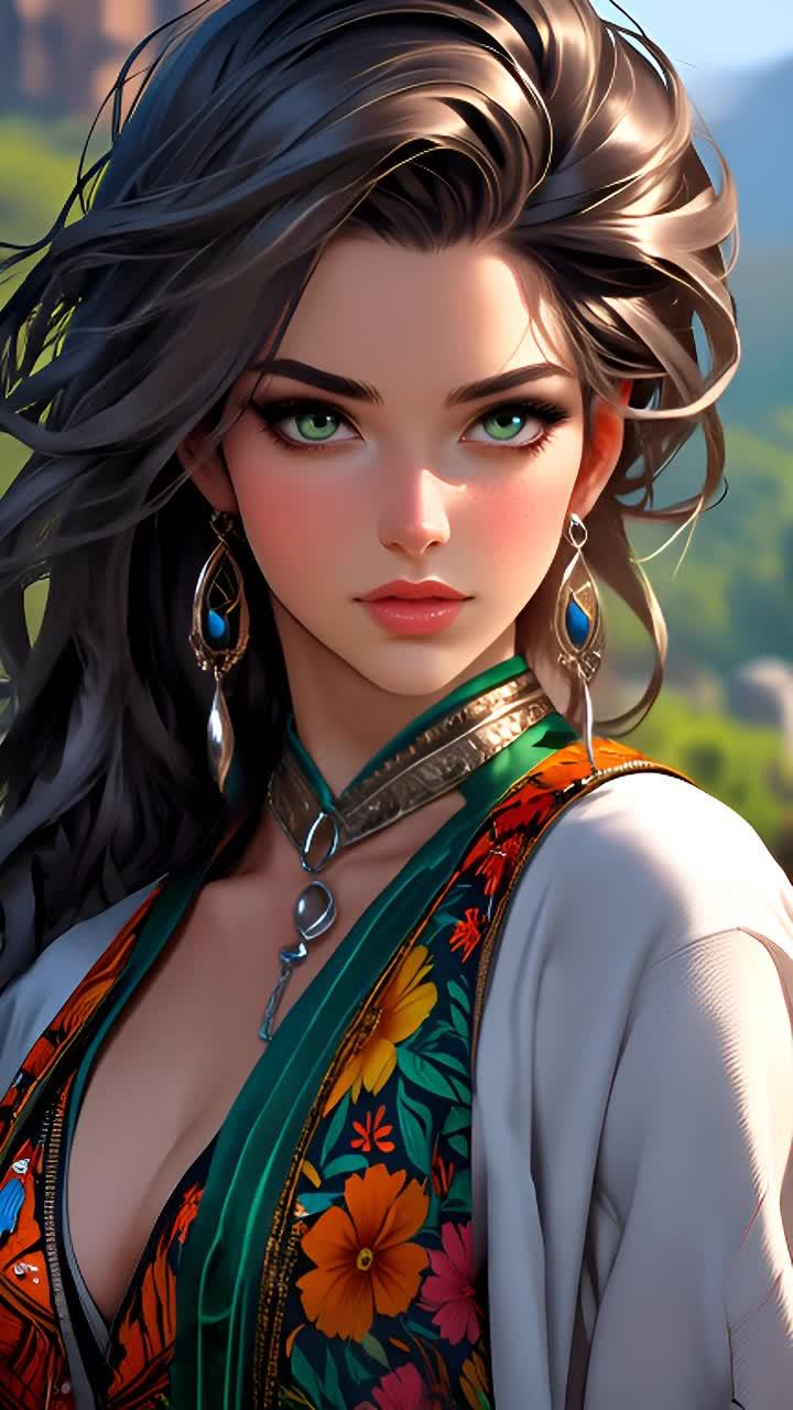 一位女性，有着绿色的眼睛和深色的波浪长发，她戴着带