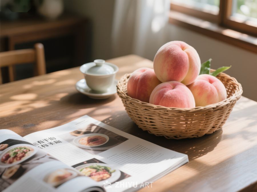 桌上桃子与茶具的静谧时光 729