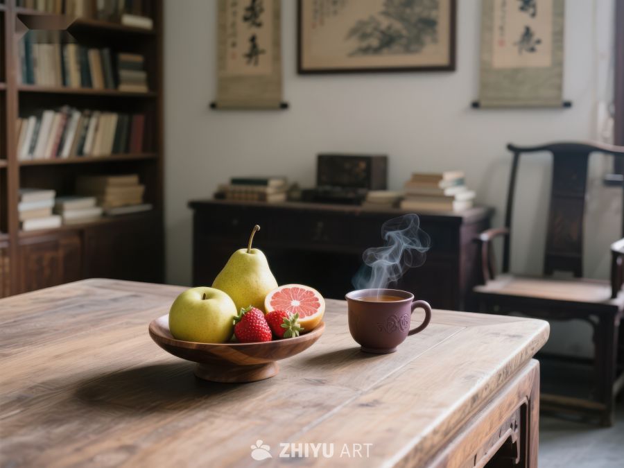 古朴书房中的茶香与果盘 258