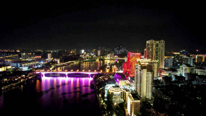 航拍广西柳州五星商圈夜景  