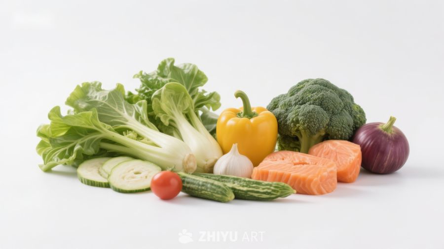 新鲜蔬菜与三文鱼食材展示