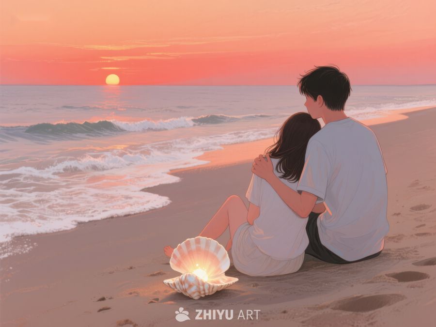 海滩日落情侣温馨相拥 293