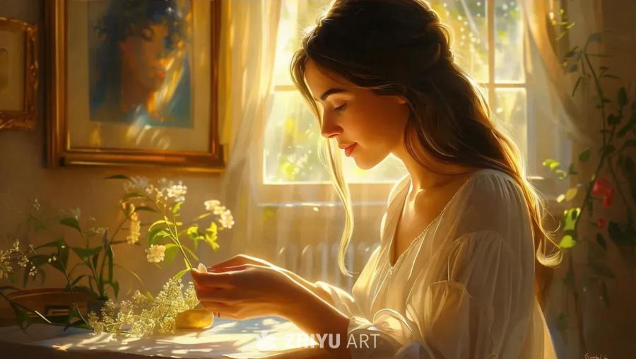 一位女士用手触摸着花朵，她身穿白色上衣，长发披肩。