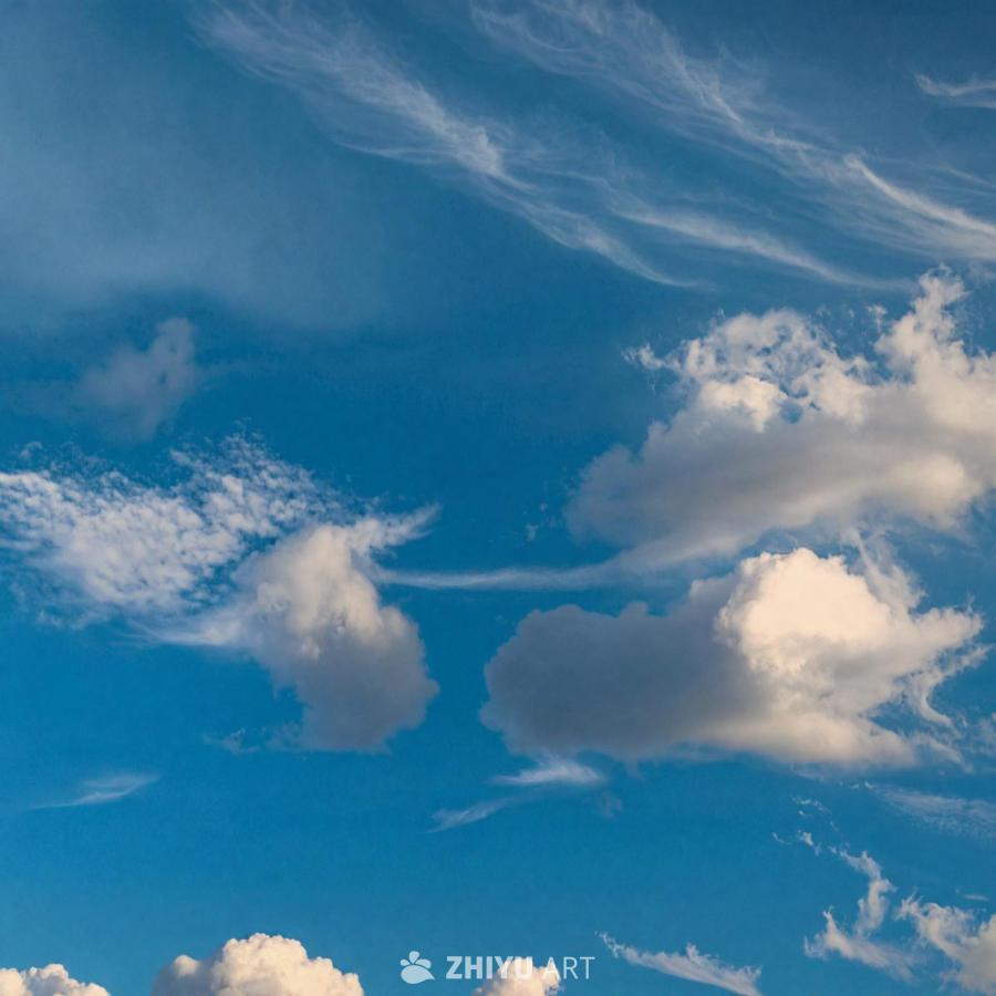 蓝色的天空上漂浮着一些零星的卷云。这些云朵大小不一