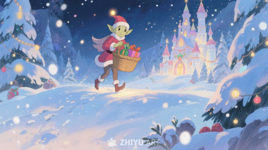 雪夜精灵送礼，梦幻城堡背景 339