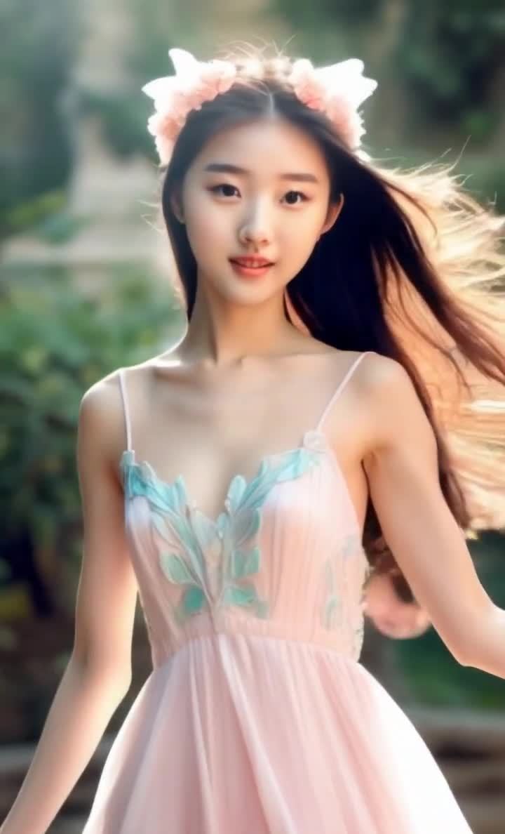 花冠少女粉裙绿背景温柔光