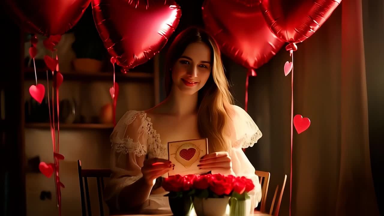 昏暗的房间里，一个年轻女子坐在小桌旁。房间装饰着心
