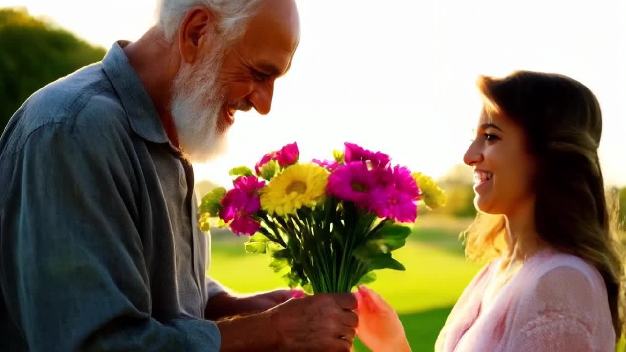 在阳光明媚的花园里，一位头发花白的老人递给一位年轻