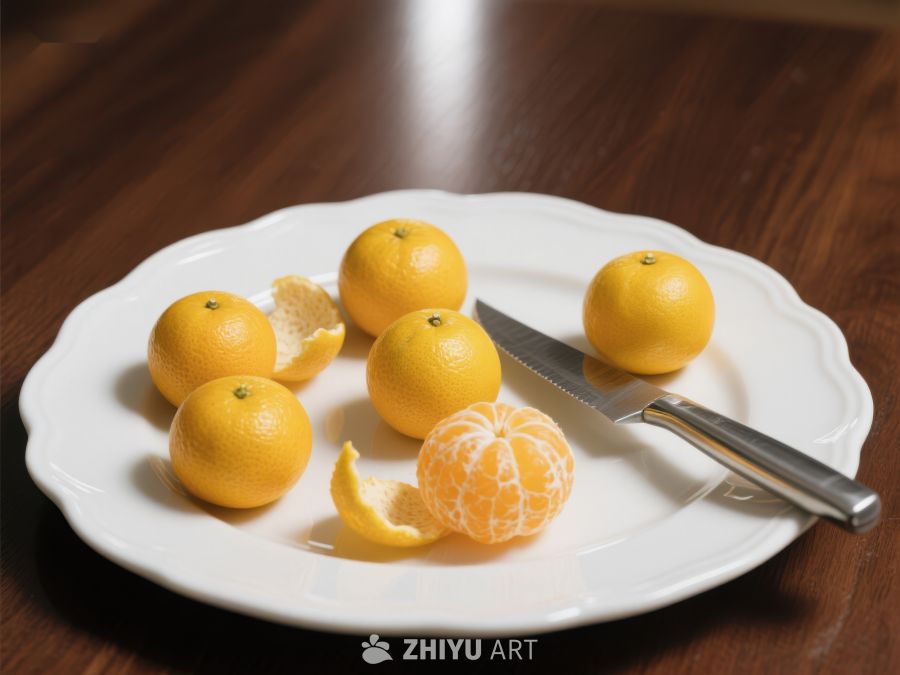 盘中橘子与刀具的静物组合 294