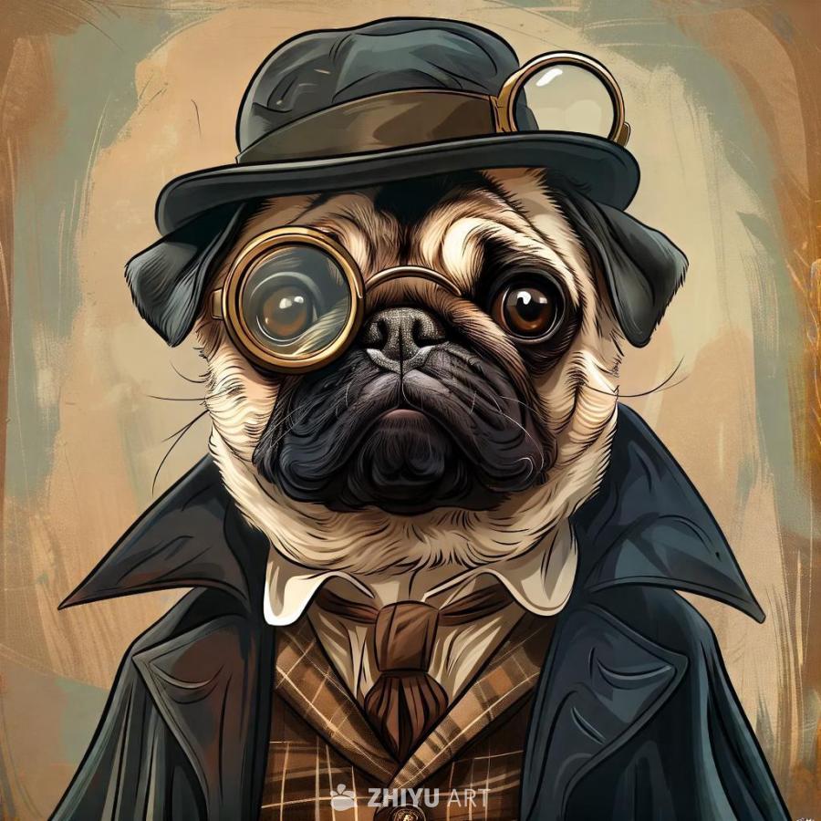 一只卡通巴哥犬戴着单片眼镜，穿着夏洛克·福尔摩斯斗