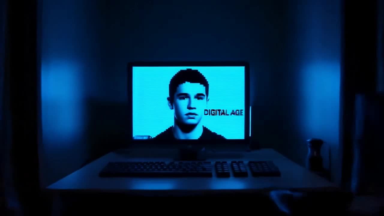 深色房间内，一个发光的电脑屏幕，屏幕映出一个年轻男