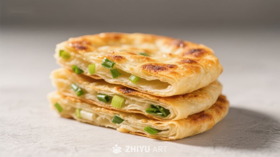 金黄葱香饼叠放特写
