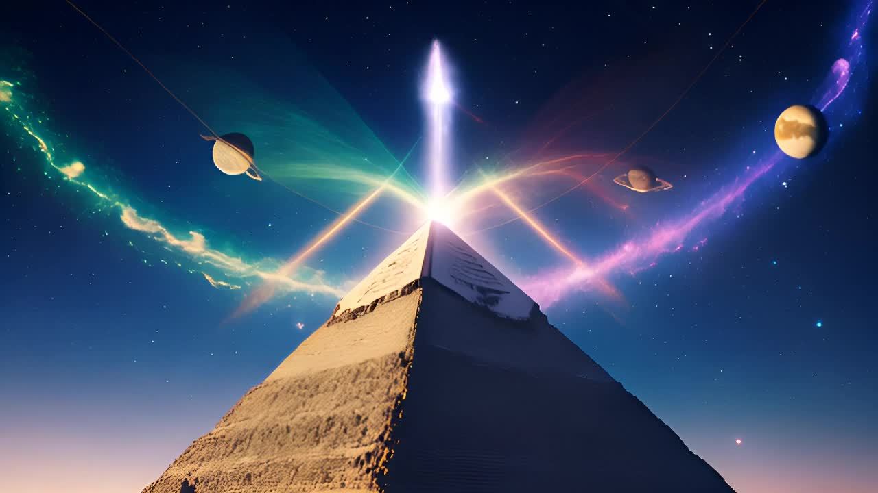 一个巨大的金字塔在星夜中高耸，散发着空灵的光芒。能
