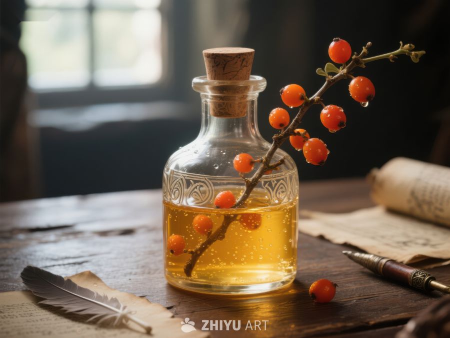 金黄色液体与浆果枝的静物组合 196