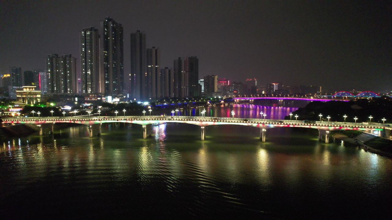 广西南宁大桥夜景灯光航拍