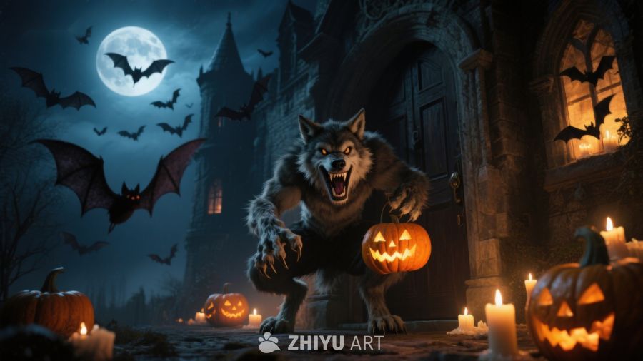 月夜狼人与南瓜灯的恐怖场景