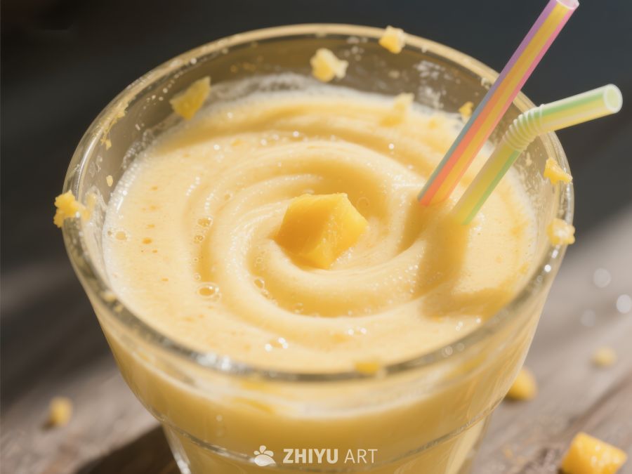 芒果奶昔特写，色彩鲜艳诱人