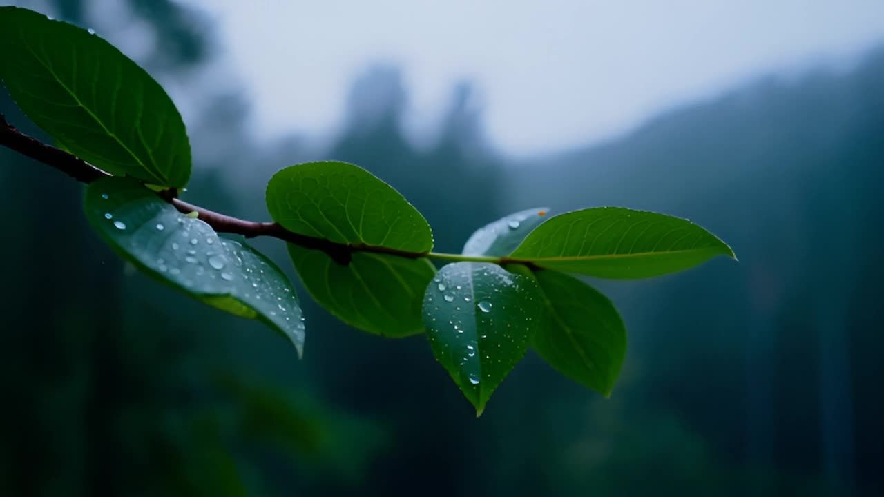 一个树枝上长满了绿色的叶子，叶子上有一些水滴，背景
