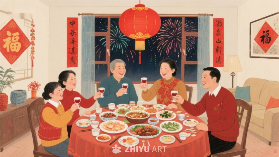 家庭共庆春节，围桌享用团圆饭 450
