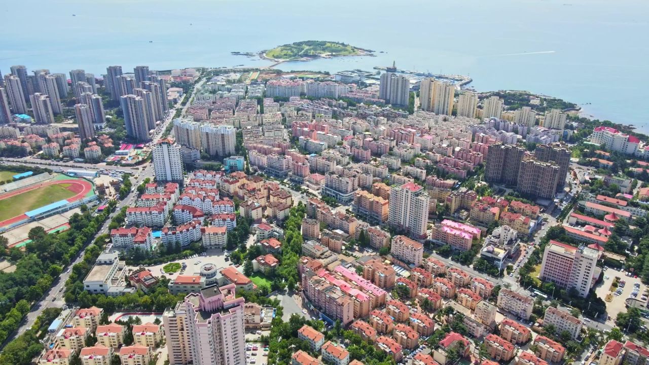 青岛市南小麦岛远景俯瞰航拍